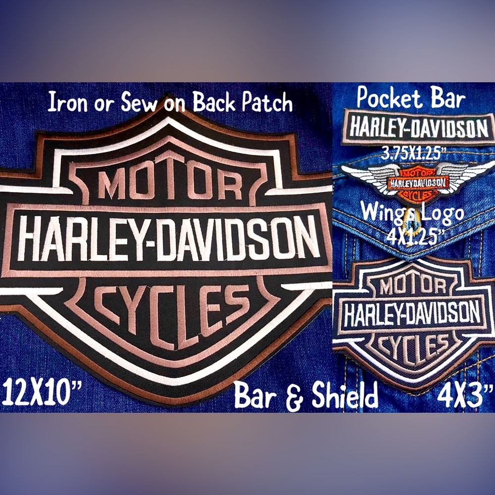 4 Harley Davidson PATCH Black Silver LARGE BACK & small BAR SHIELD + Bar + Wings